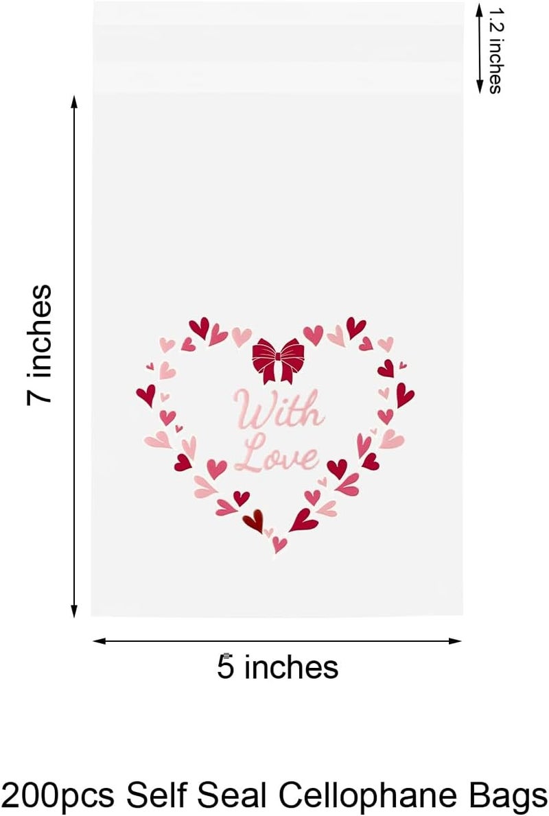 EKAPACKAGING 200Pcs 5x7 Inches Self Seal Cellophane Bags, Clear Cookie Bags, Heart Pattern Pink Treats Bag, Valentine's Day Party Favors for Bakery, Kids Classroom - Image 2